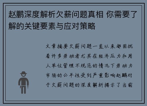 赵鹏深度解析欠薪问题真相 你需要了解的关键要素与应对策略